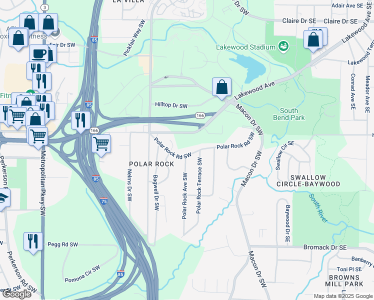 map of restaurants, bars, coffee shops, grocery stores, and more near 205 Polar Rock Road Southwest in Atlanta
