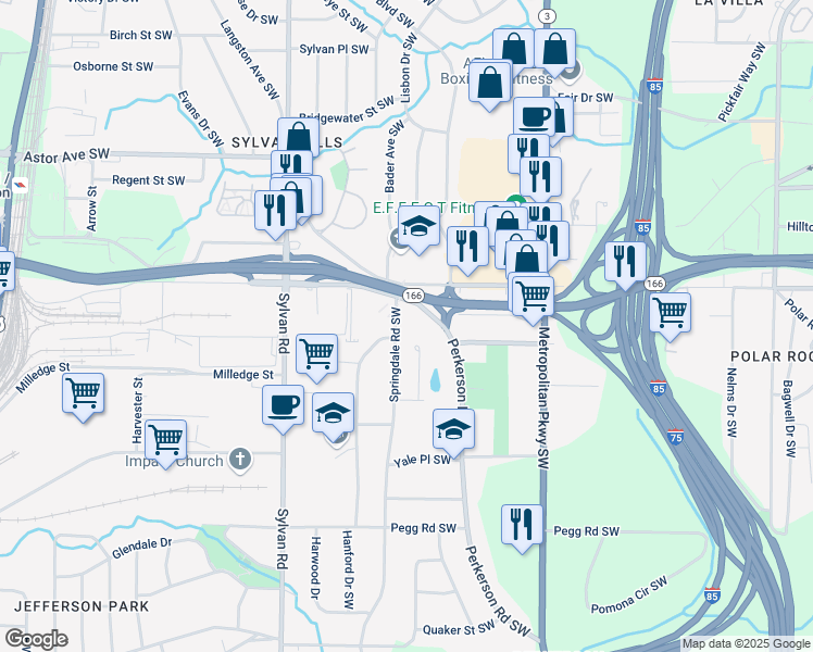 map of restaurants, bars, coffee shops, grocery stores, and more near 2142 Springdale Road Southwest in Atlanta