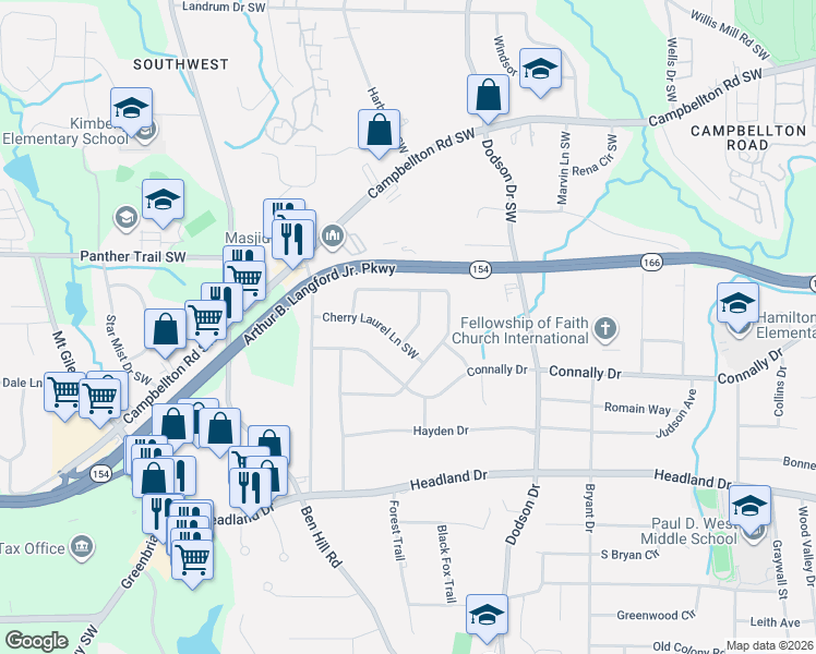 map of restaurants, bars, coffee shops, grocery stores, and more near 2170 Chinaberry Way Southwest in Atlanta