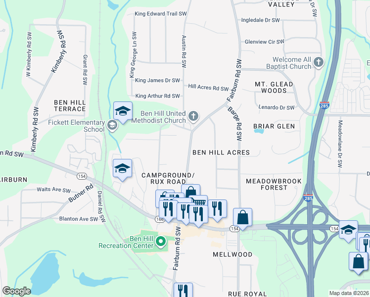 map of restaurants, bars, coffee shops, grocery stores, and more near 2141 Fairburn Road Southwest in Atlanta