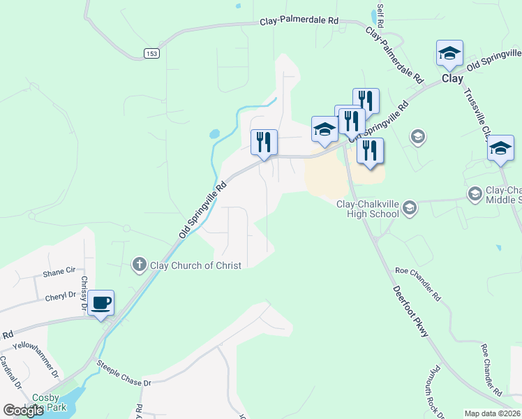map of restaurants, bars, coffee shops, grocery stores, and more near 6600 Ewing Road in Pinson