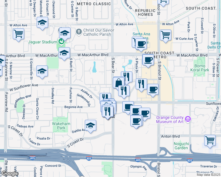 map of restaurants, bars, coffee shops, grocery stores, and more near 3446 Meadow Bridge in Costa Mesa