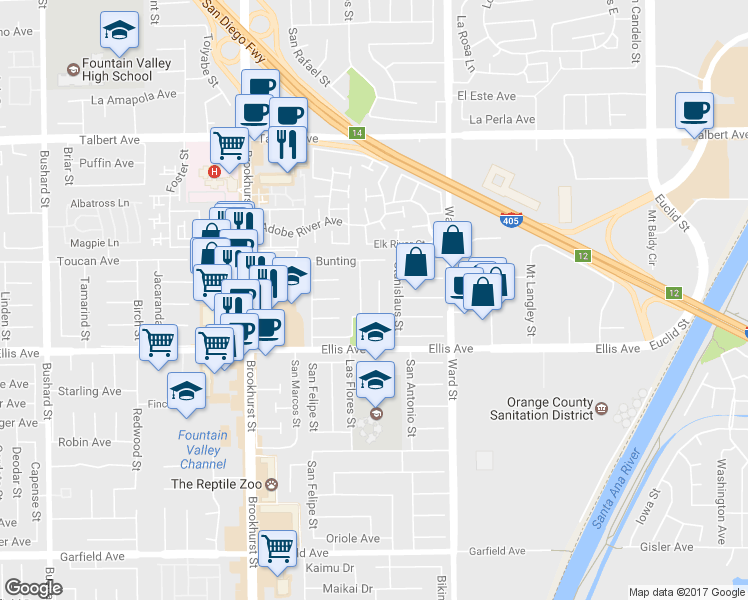 map of restaurants, bars, coffee shops, grocery stores, and more near 18389 Mount Cherie Circle in Fountain Valley