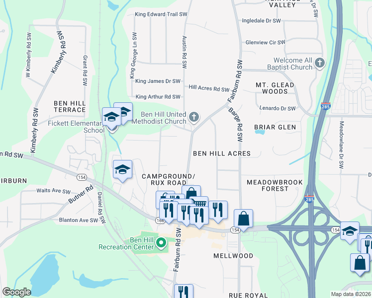 map of restaurants, bars, coffee shops, grocery stores, and more near 2141 Fairburn Road Southwest in Atlanta