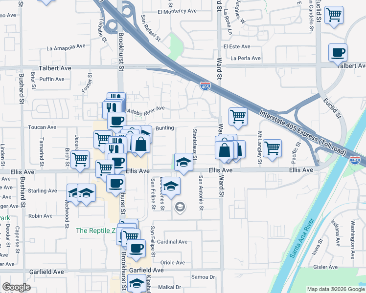 map of restaurants, bars, coffee shops, grocery stores, and more near 18389 Mount Cherie Circle in Fountain Valley