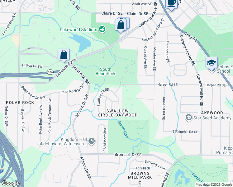 map of restaurants, bars, coffee shops, grocery stores, and more near 2434 Swallow Circle Southeast in Atlanta