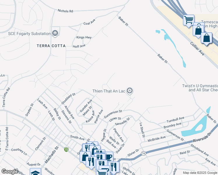 map of restaurants, bars, coffee shops, grocery stores, and more near Ingall Circle in Lake Elsinore