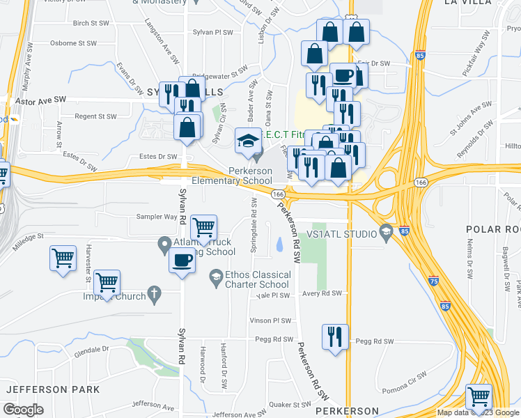 map of restaurants, bars, coffee shops, grocery stores, and more near 2142 Springdale Road Southwest in Atlanta