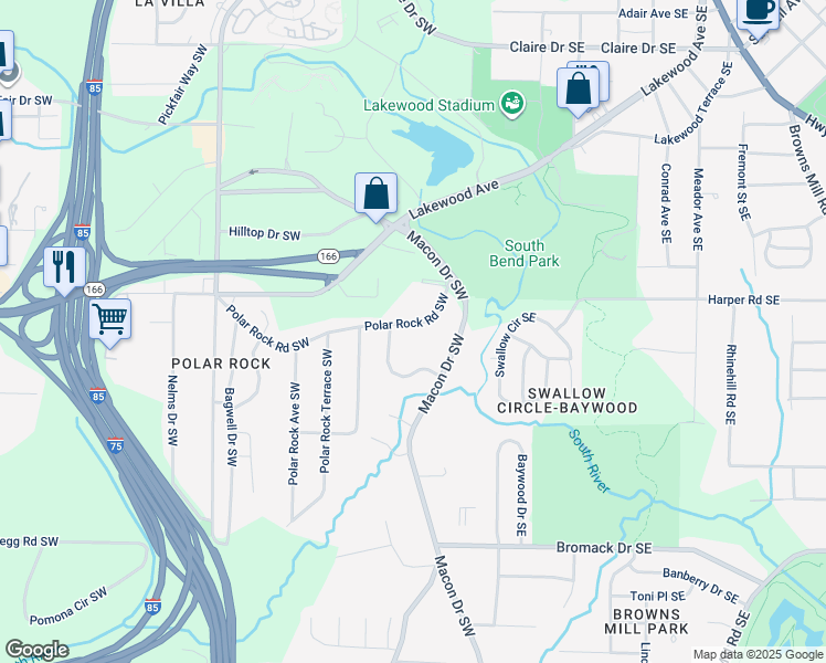 map of restaurants, bars, coffee shops, grocery stores, and more near 86 Polar Rock Road Southwest in Atlanta