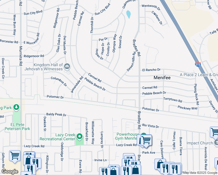 map of restaurants, bars, coffee shops, grocery stores, and more near 29425 Carmel Road in Menifee