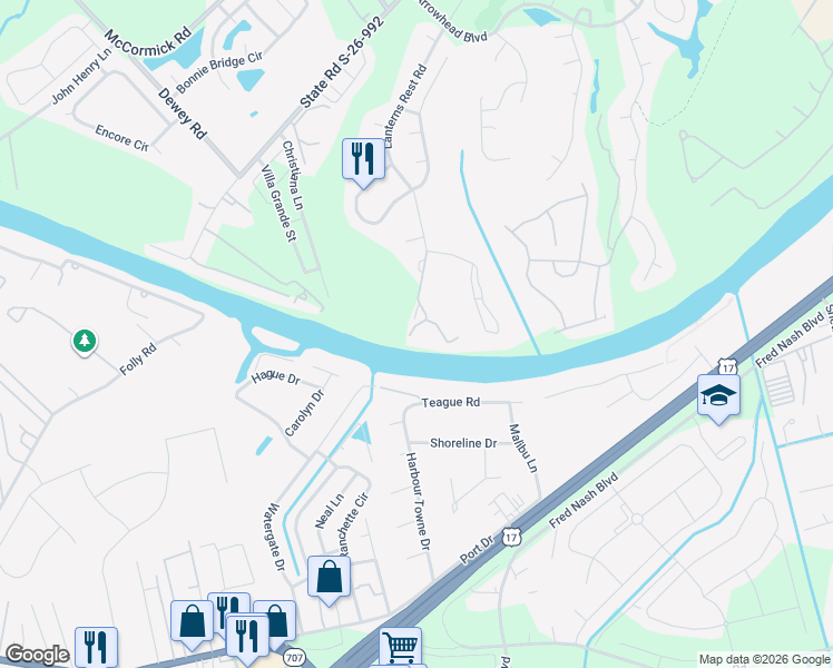 map of restaurants, bars, coffee shops, grocery stores, and more near 1512 Lanterns Rest Road in Myrtle Beach
