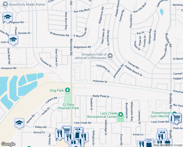 map of restaurants, bars, coffee shops, grocery stores, and more near 26191 Moonbeam Court in Menifee
