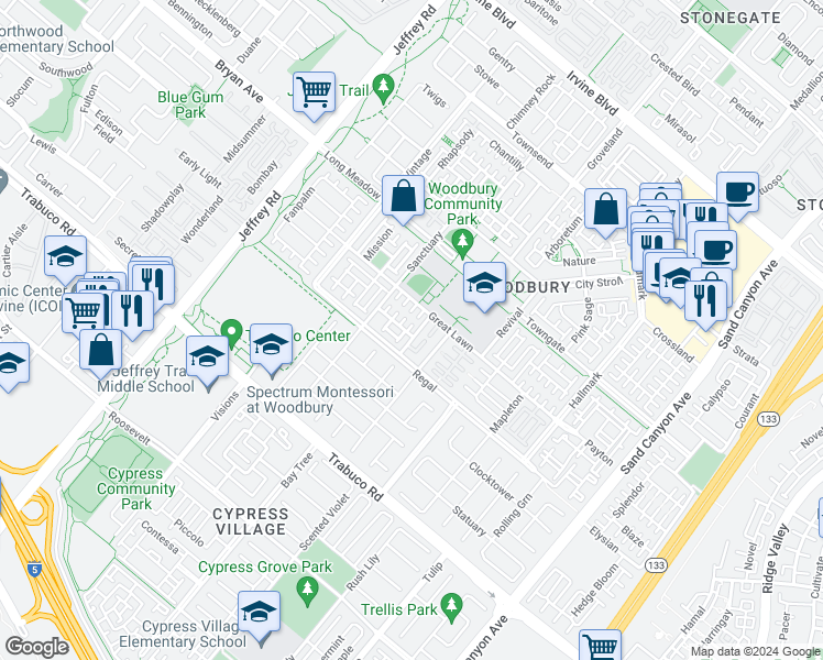 map of restaurants, bars, coffee shops, grocery stores, and more near 129 Alhambra in Irvine