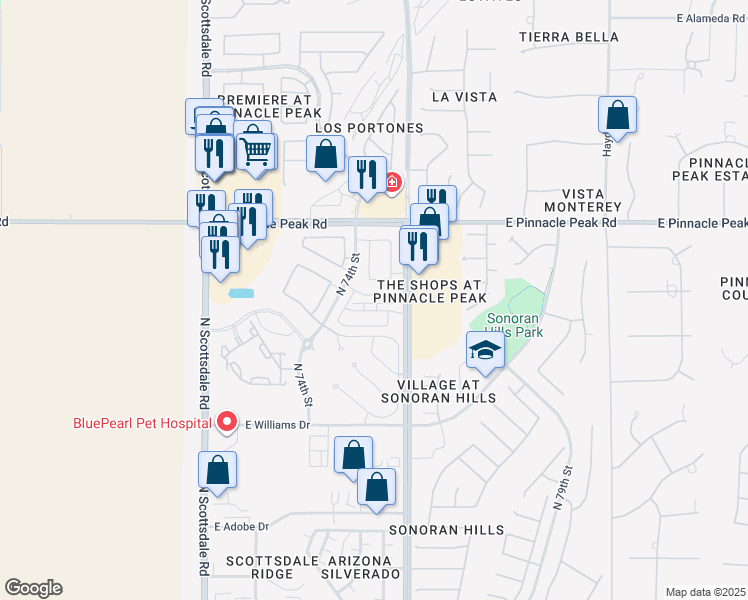 map of restaurants, bars, coffee shops, grocery stores, and more near 7439 East Conquistadores Drive in Scottsdale