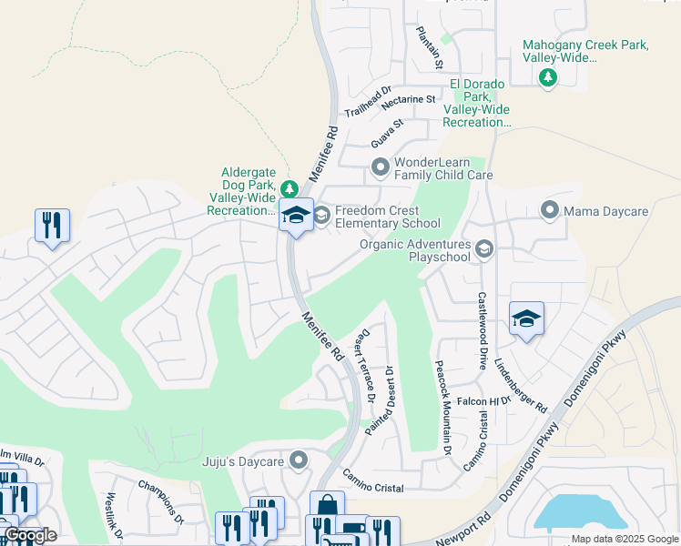 map of restaurants, bars, coffee shops, grocery stores, and more near 29252 Meandering Circle in Menifee
