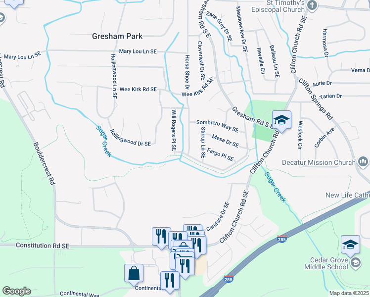map of restaurants, bars, coffee shops, grocery stores, and more near 3257 Cottonwood Drive Southeast in Atlanta