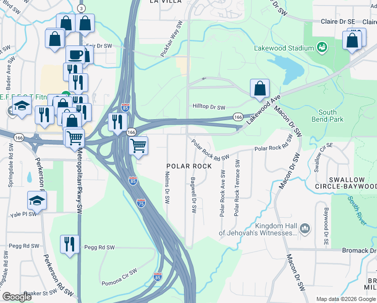 map of restaurants, bars, coffee shops, grocery stores, and more near 2150 Pryor Road Southwest in Atlanta