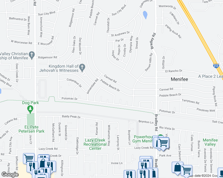 map of restaurants, bars, coffee shops, grocery stores, and more near 29325 Pebble Beach Drive in Menifee