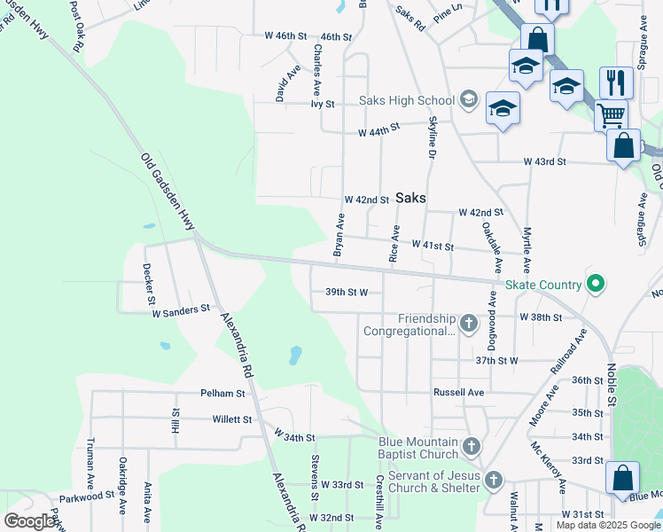map of restaurants, bars, coffee shops, grocery stores, and more near 802 West 40th Street in Anniston
