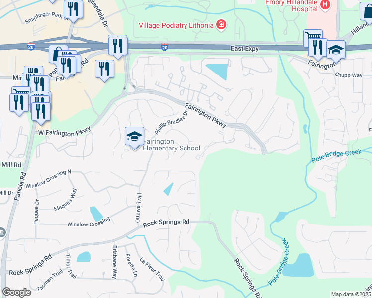 map of restaurants, bars, coffee shops, grocery stores, and more near 5959 Fairington Place in Lithonia