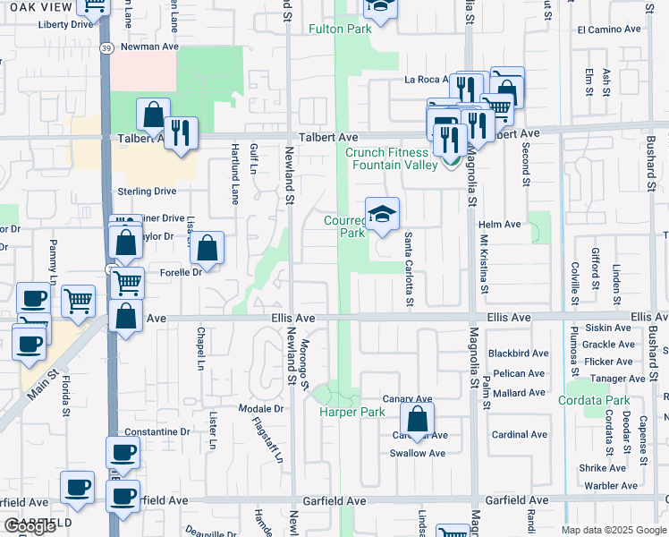 map of restaurants, bars, coffee shops, grocery stores, and more near 8598 Trinity River Circle in Fountain Valley
