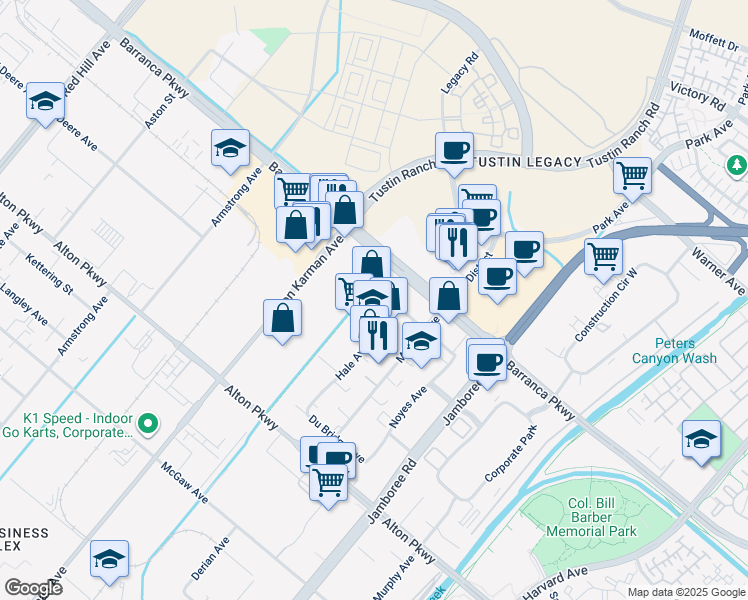 map of restaurants, bars, coffee shops, grocery stores, and more near 16601 Hale Ave in Irvine