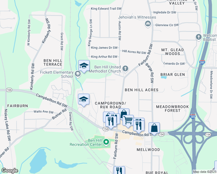 map of restaurants, bars, coffee shops, grocery stores, and more near 2148 Camp Ground Road Southwest in Atlanta