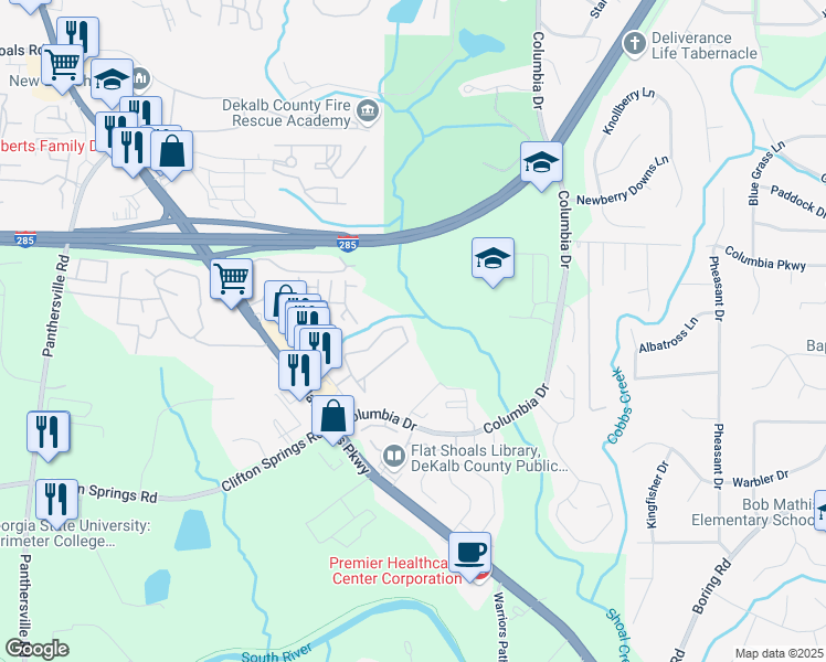 map of restaurants, bars, coffee shops, grocery stores, and more near 2858 Vining Ridge Terrace in Decatur