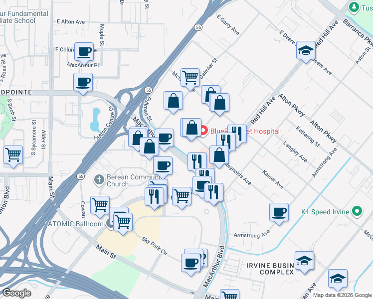 map of restaurants, bars, coffee shops, grocery stores, and more near 1360 Reynolds Avenue in Irvine