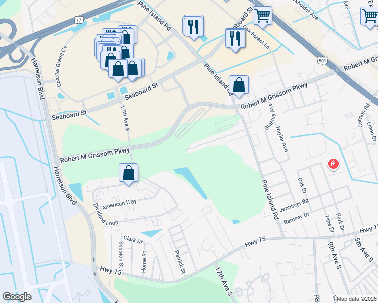 map of restaurants, bars, coffee shops, grocery stores, and more near 36 Pine Island Road in Myrtle Beach