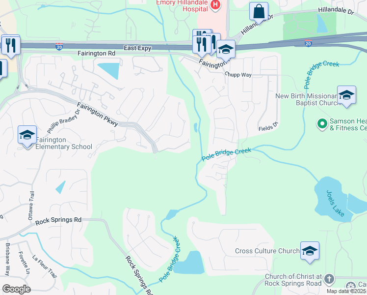 map of restaurants, bars, coffee shops, grocery stores, and more near 4301 Fairington Club Drive in Stonecrest