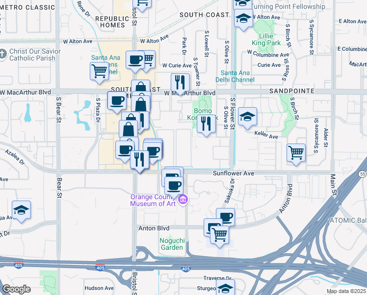 map of restaurants, bars, coffee shops, grocery stores, and more near 1001 West Stevens Avenue in Santa Ana