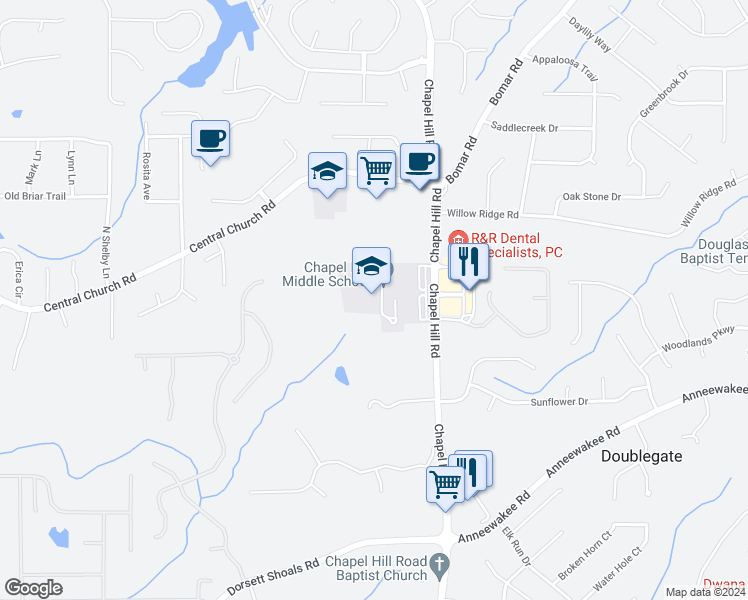 map of restaurants, bars, coffee shops, grocery stores, and more near 3989 Chapel Hill Road in Douglasville