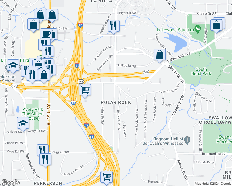 map of restaurants, bars, coffee shops, grocery stores, and more near 2150 Pryor Road Southwest in Atlanta