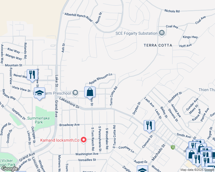 map of restaurants, bars, coffee shops, grocery stores, and more near 3508 Cherry Blossom Lane in Lake Elsinore