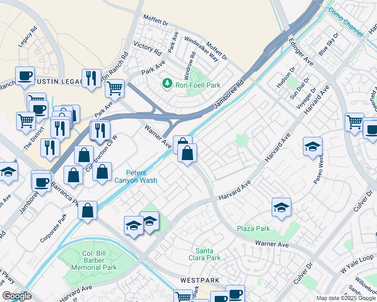map of restaurants, bars, coffee shops, grocery stores, and more near 309 Larkspur Street in Tustin