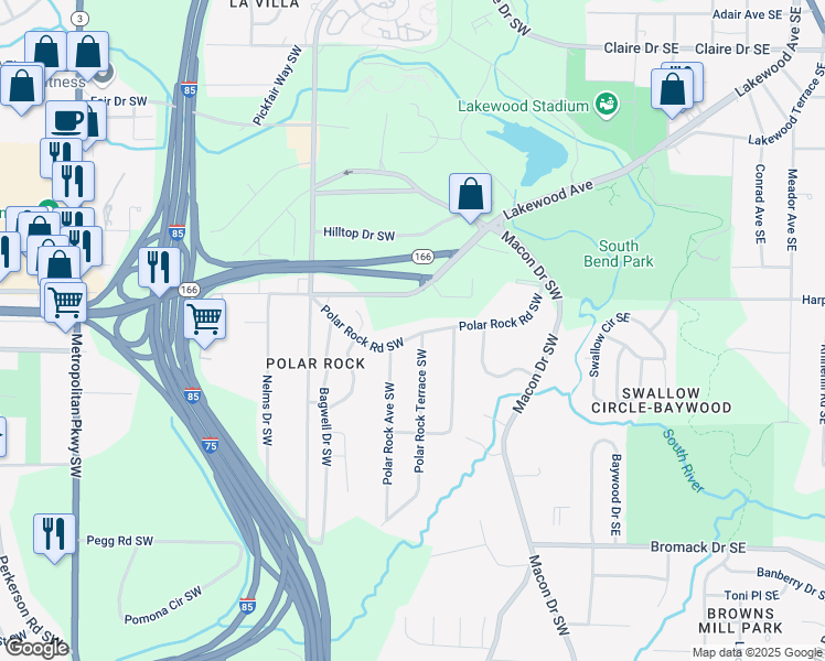 map of restaurants, bars, coffee shops, grocery stores, and more near 193 Polar Rock Road Southwest in Atlanta