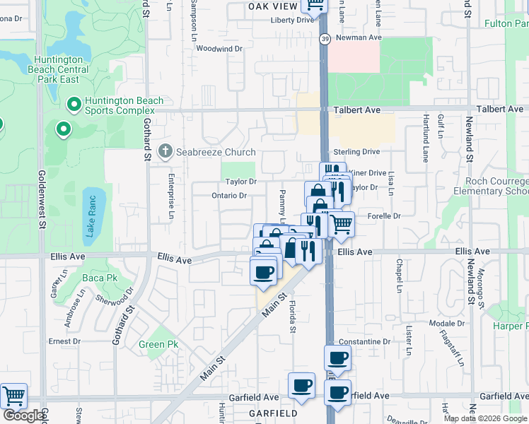 map of restaurants, bars, coffee shops, grocery stores, and more near 18361 Delaware Street in Huntington Beach