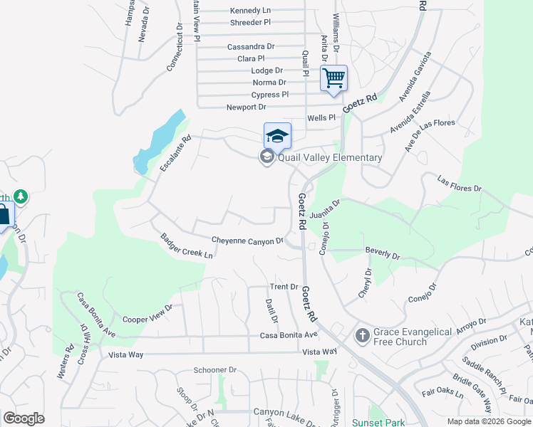 map of restaurants, bars, coffee shops, grocery stores, and more near 23751 Cathedral Peak Road in Canyon Lake