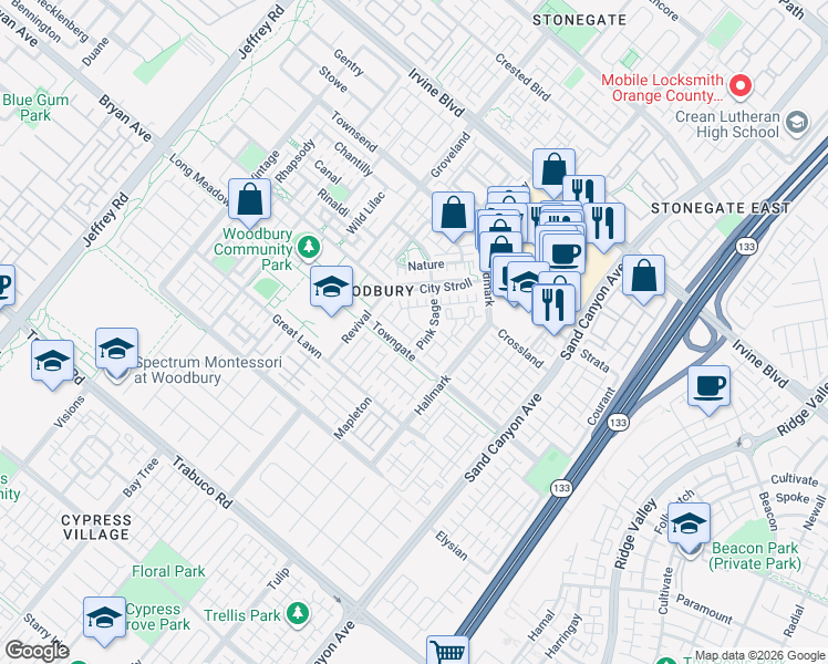 map of restaurants, bars, coffee shops, grocery stores, and more near 46 Talisman in Irvine