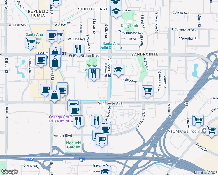 map of restaurants, bars, coffee shops, grocery stores, and more near 3820 South Flower Street in Santa Ana