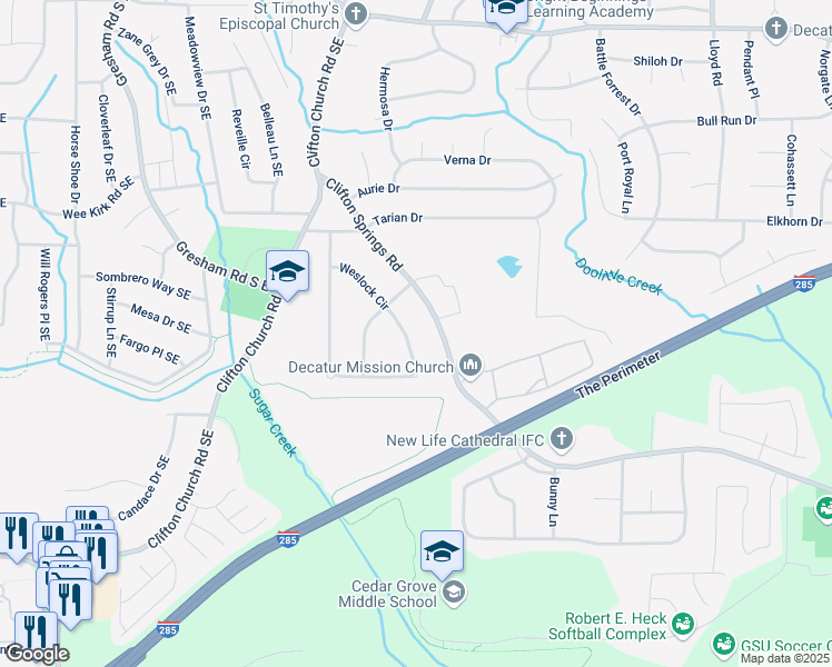 map of restaurants, bars, coffee shops, grocery stores, and more near 3235 Weslock Circle in Decatur