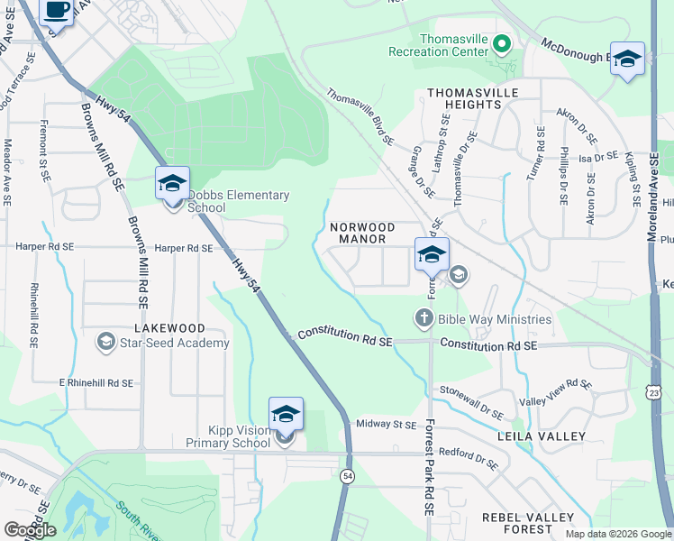 map of restaurants, bars, coffee shops, grocery stores, and more near 2127 Blayton Lane Southeast in Atlanta