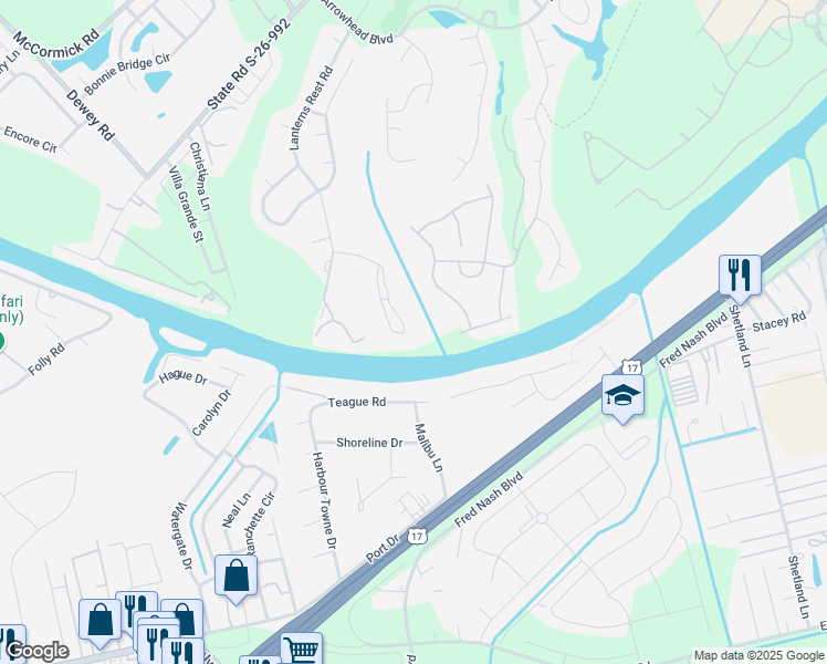 map of restaurants, bars, coffee shops, grocery stores, and more near 703 Riverwalk Drive in Myrtle Beach