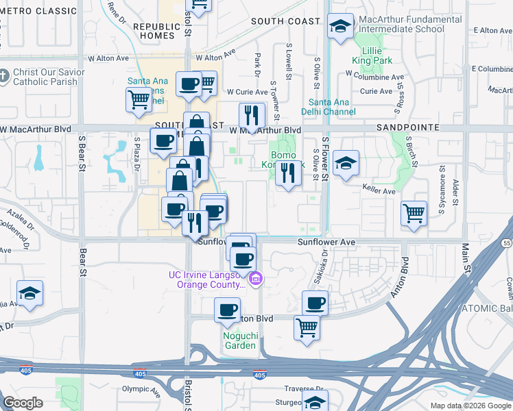 map of restaurants, bars, coffee shops, grocery stores, and more near 1001 West Stevens Avenue in Santa Ana
