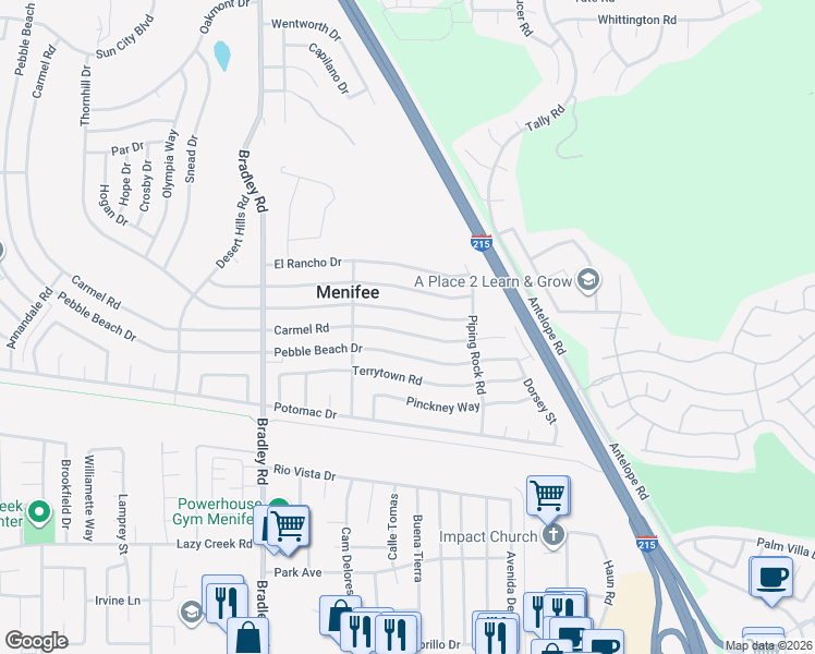 map of restaurants, bars, coffee shops, grocery stores, and more near 30022 Carmel Road in Menifee