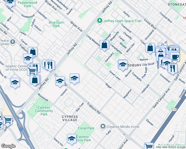 map of restaurants, bars, coffee shops, grocery stores, and more near 67 Sanctuary in Irvine