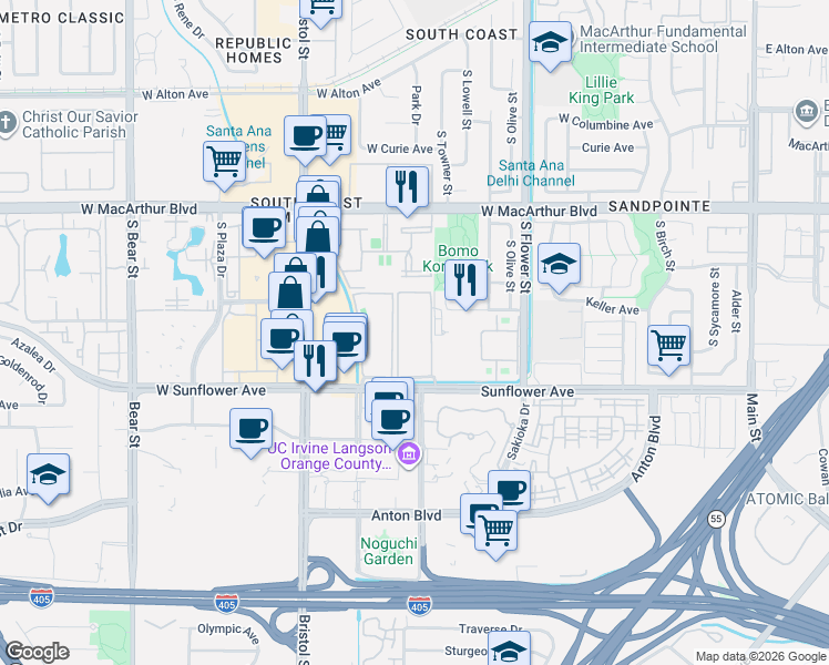 map of restaurants, bars, coffee shops, grocery stores, and more near 1101 West Stevens Avenue in Santa Ana