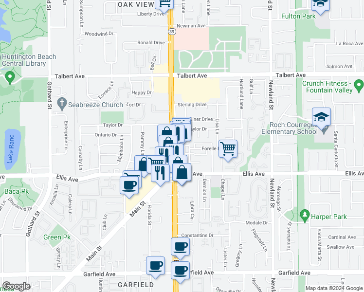 map of restaurants, bars, coffee shops, grocery stores, and more near 18352 Beach Boulevard in Huntington Beach