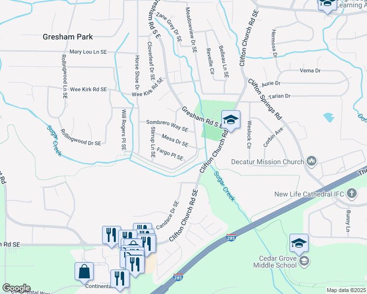 map of restaurants, bars, coffee shops, grocery stores, and more near 2061 Mesa Drive Southeast in Atlanta